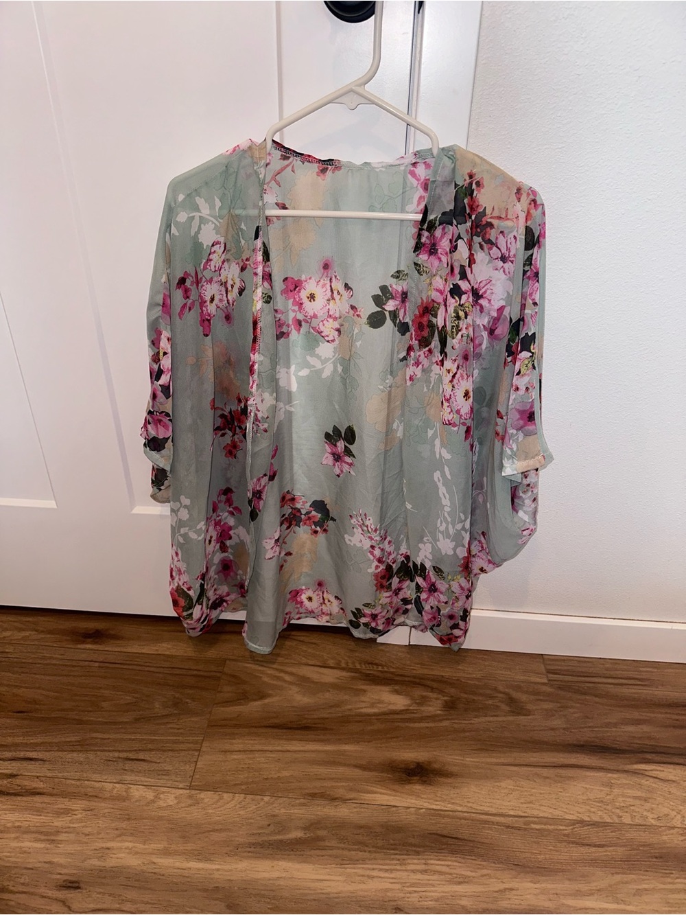 ONE/SIZE Sheer Floral Open-Front Kimono in Sage Green and Pink